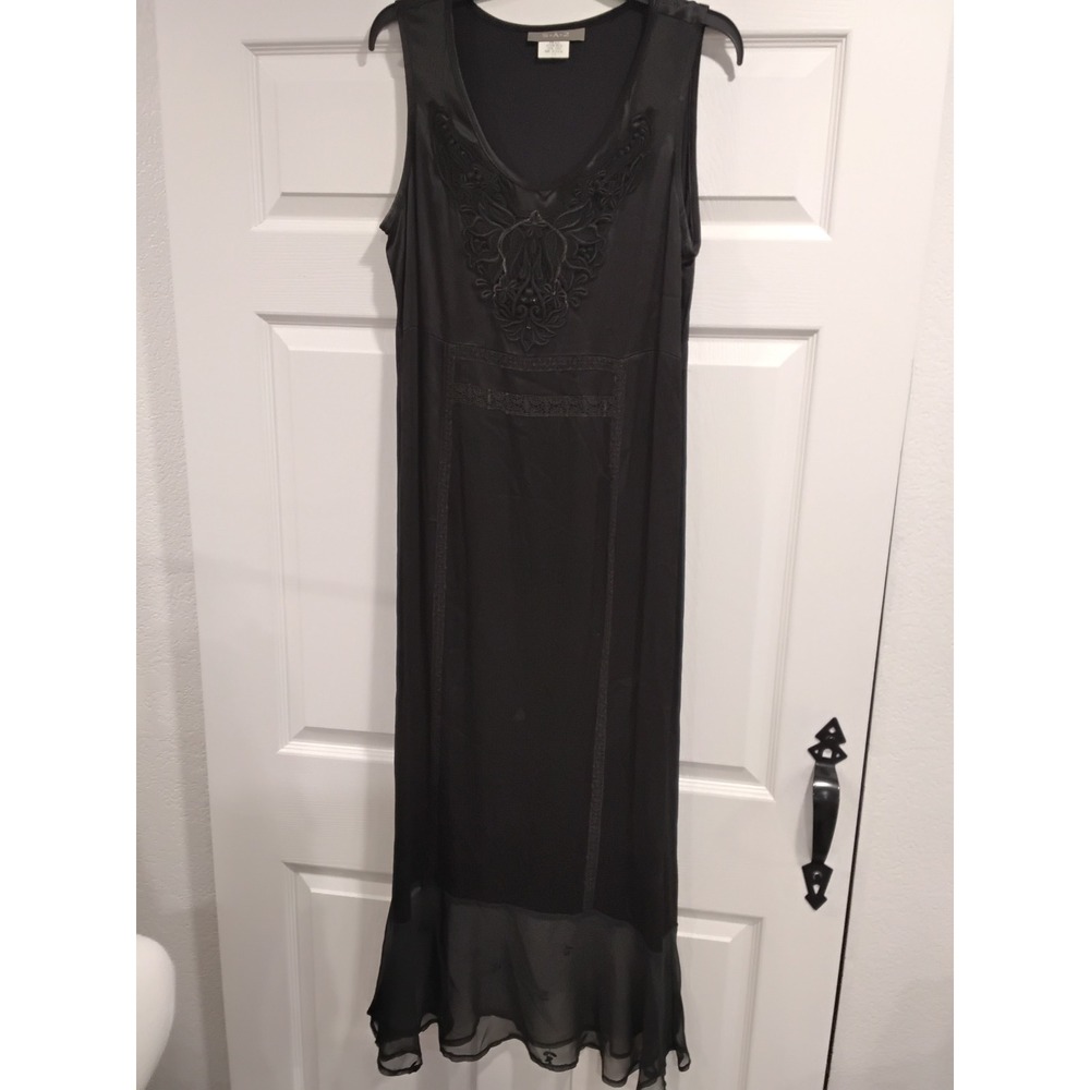 S.A.2 Black Silk Blend Maxi Dress‎ Embroidered Lace Bib Sleeveless Gown 14 D5176